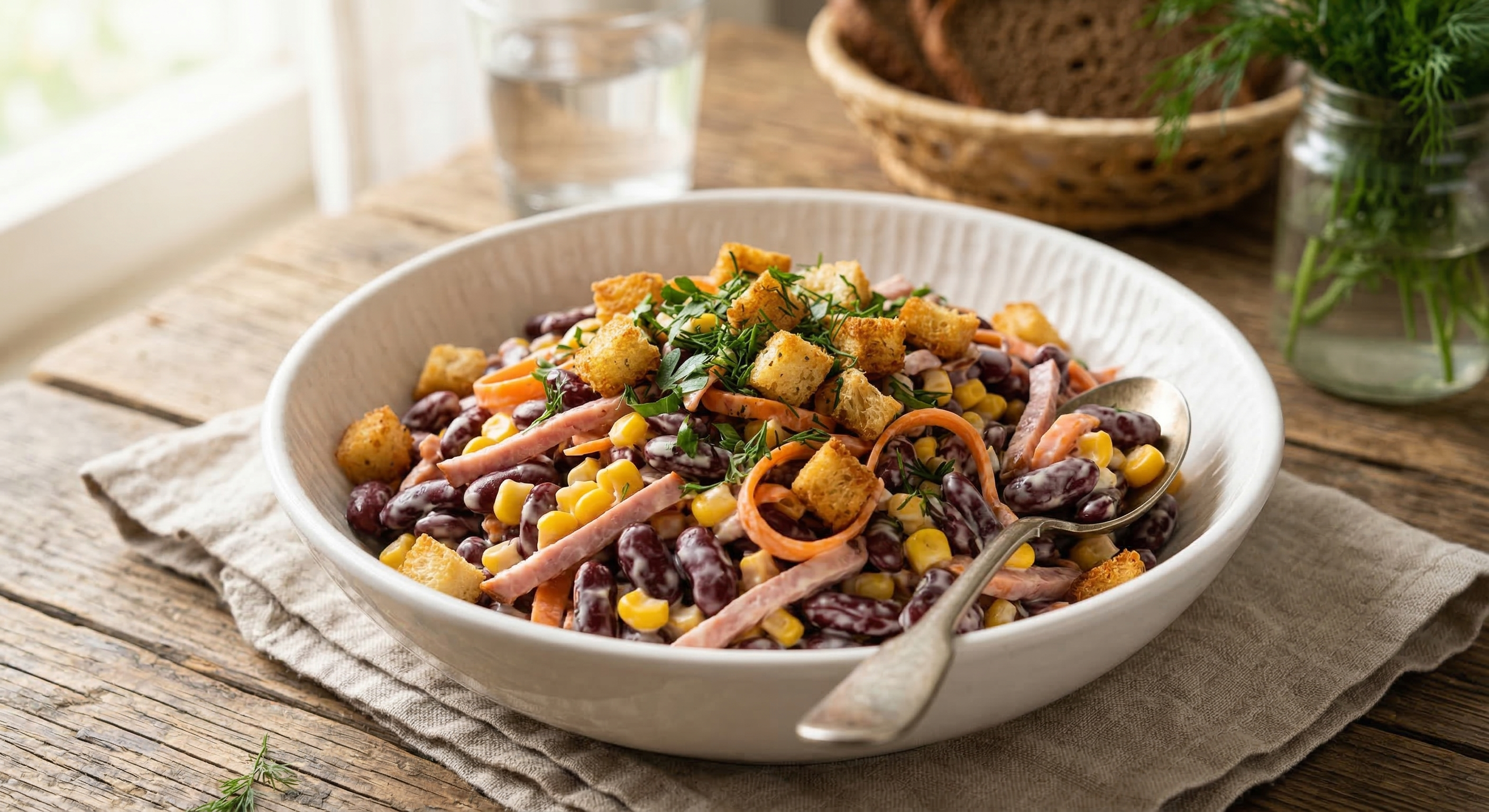 Салат с красной фасолью, сухариками и колбасой