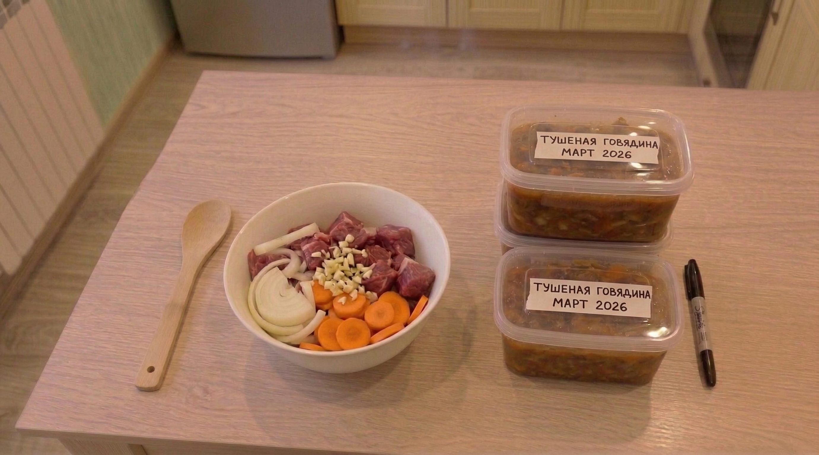 Тушёная говядина с луком для заморозки
